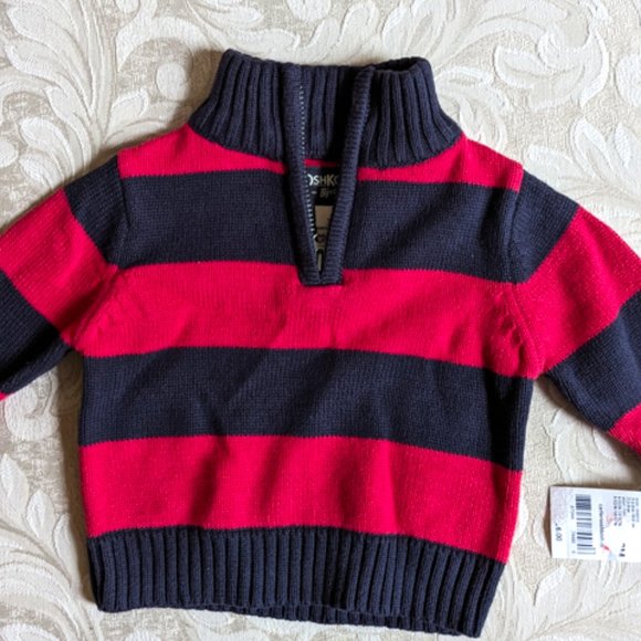 NWT Oshkosh B'gosh Boys Knit Sweater Red Striped 100% Cotton Cardigan 3M… - Picture 4 of 7